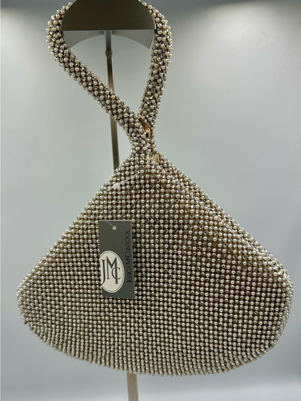 Jessica McClintock Pearl Beaded Crystal Wristlet Evening Bag Champagne NWT